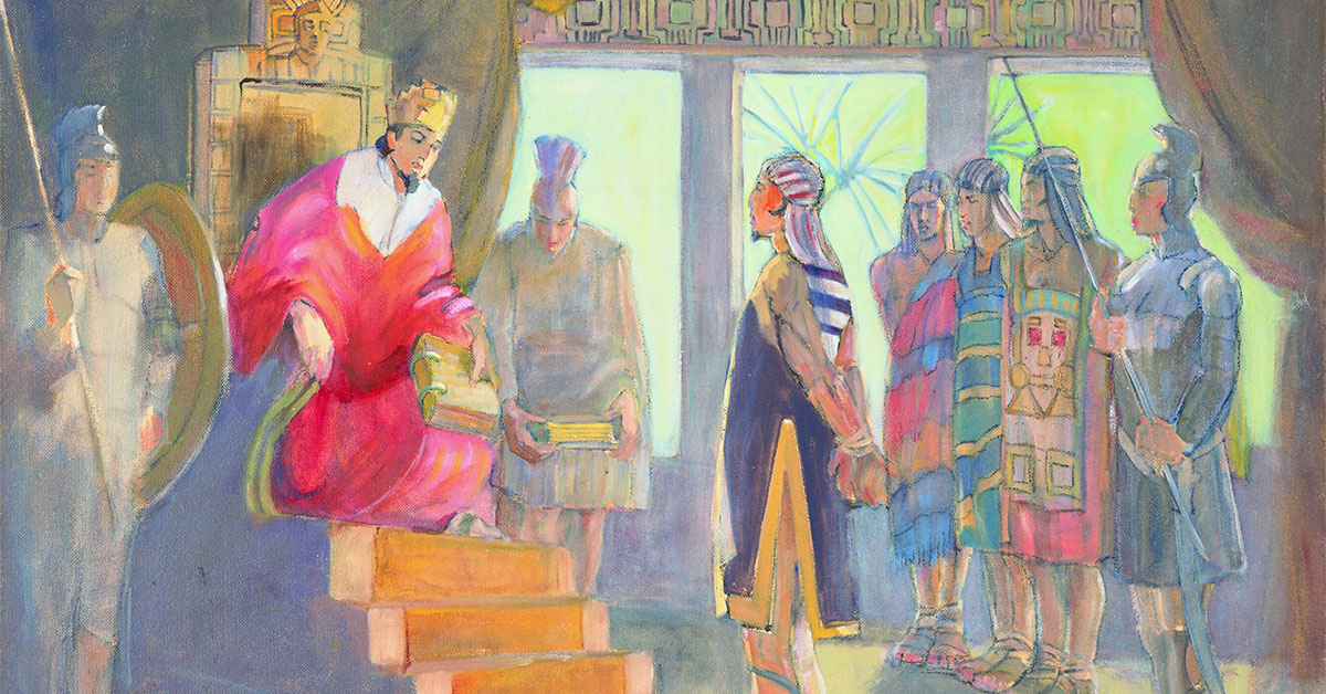 Minerva K. Teichert (1888-1976), Ammon before King Limhi, 1949-1951, oil on masonite, 35 15/16 x 48 inches. Brigham Young University Museum of Art, 1969. Image via ChurchofJesusChrist.org.