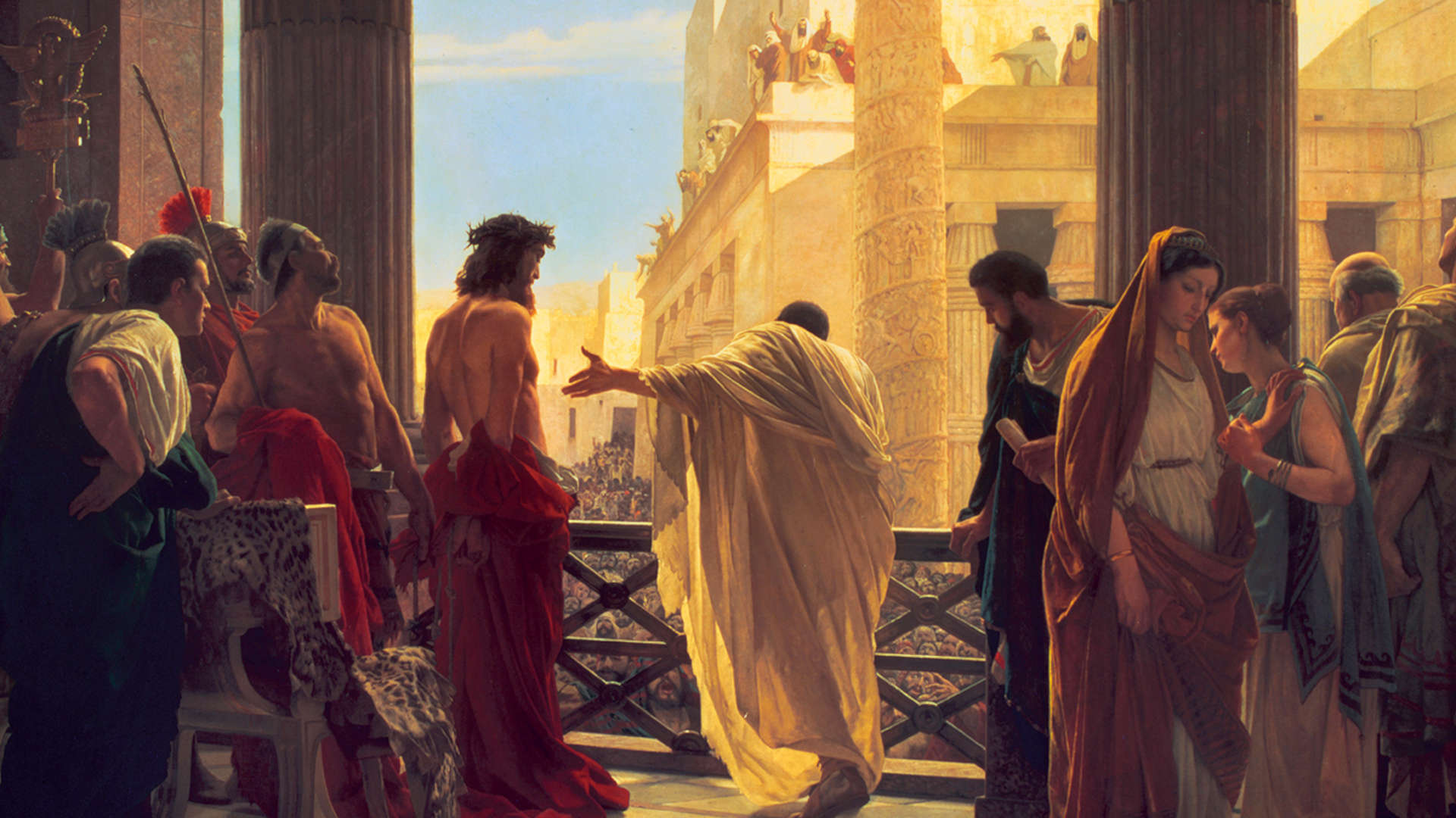 Antonio Ciseri's painting, "Ecce Homo," depicting Pontius Pilate gesturing to Jesus Christ and speaking to a crowd of Jews below