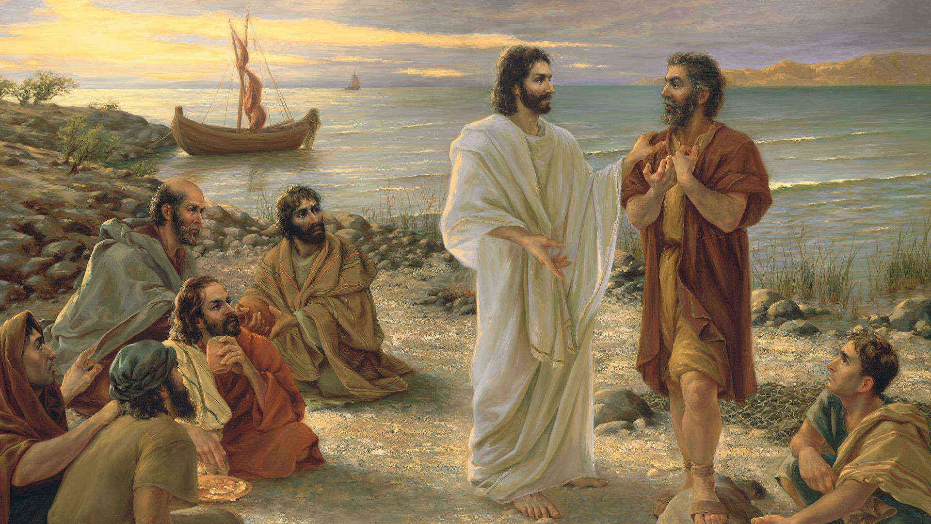 Kamille Corry's painting, "Feed My Sheep," depicting Jesus Christ speaking with Peter on the shores of the Sea of Galilee
