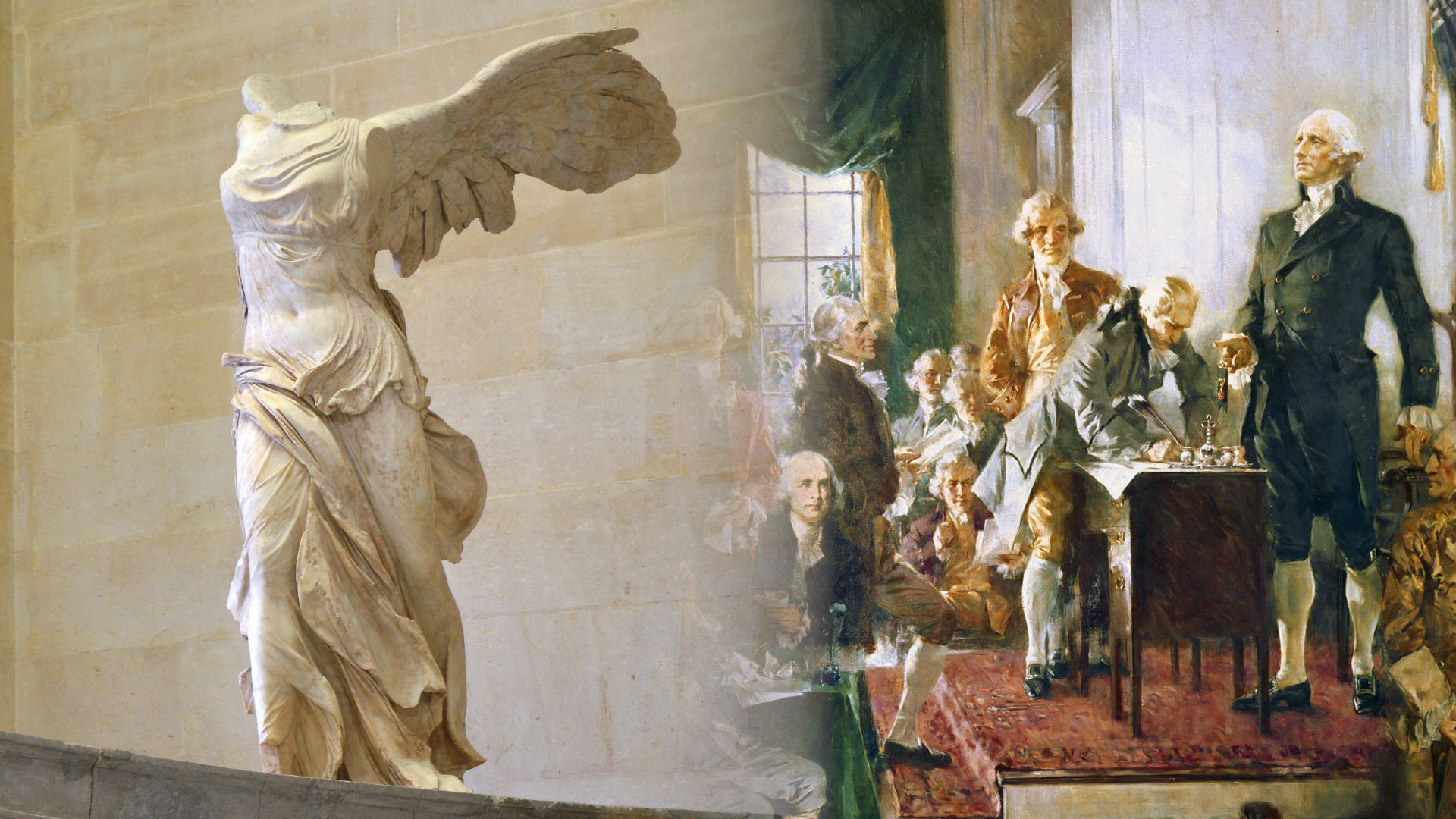 Composite image of a photo of Nike of Samothrace, the partial statue housed in the Louvre museum, and “Scene at the Signing of the Constitution of the United States” by Howard Chandler Christy. Both images Public Domain.