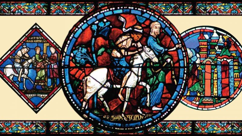 Stained glass windows depicting the parable of the Good Samaritan.