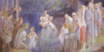 Minerva Teichert (1888–1976), “Alma Baptizes in the Waters of Mormon,” 1949–1951, oil on masonite, 35 7/8 × 48 inches. Brigham Young University Museum of Art, 1969