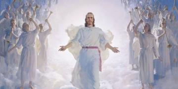 Harry Anderson's painting, "The Second Coming," depicting Jesus Christ coming to the earth in clouds, flanked on either side by trumpeting angels