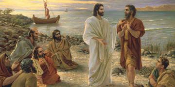 Kamille Corry's painting, "Feed My Sheep," depicting Jesus Christ speaking with Peter on the shores of the Sea of Galilee