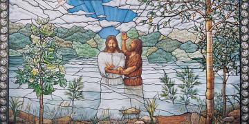 Stained-glass window in Nauvoo Illinois Temple, by Tom Holdman. Image via Church of Jesus Christ.