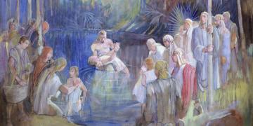 Minerva K. Teichert (1888–1976), Alma Baptizes in the Waters of Mormon, 1949–1951, oil on masonite, 35⅞ x 48 inches. Brigham Young University Museum of Art, 1969. Image via Church of Jesus Christ.