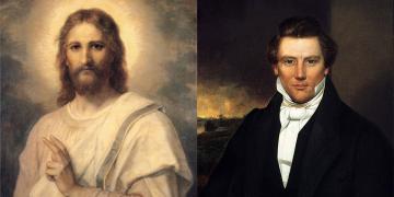Figure of Christ by Heinrich Hoffman and Portrait of Joseph Smith likely by William Warner Major. Images via Wikmedia Commons.