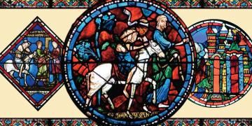 Stained glass windows depicting the parable of the Good Samaritan.